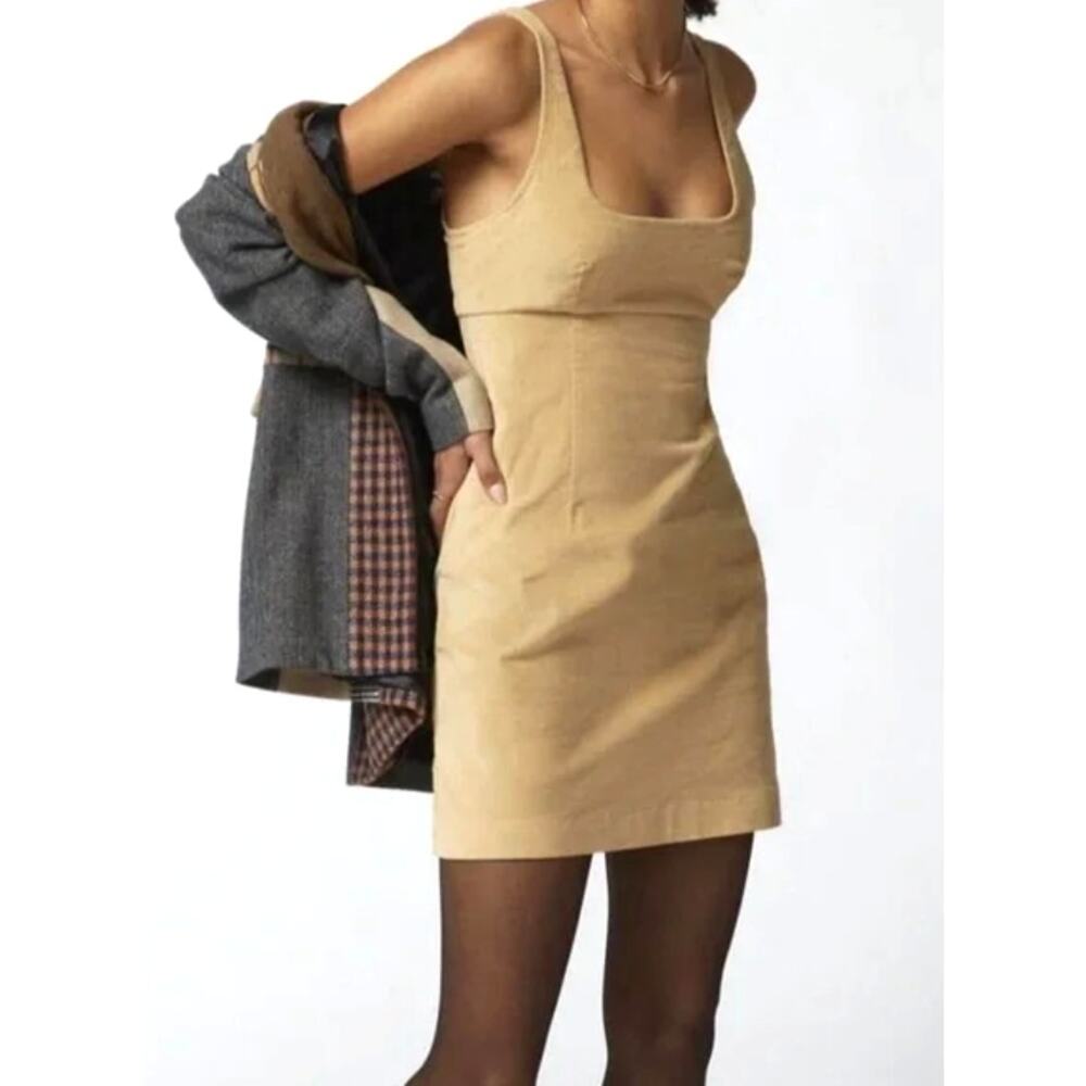 UO Urban Outfitters LILY Corduroy Empire Waist Retro Mini Dress Tan L NWOT $59